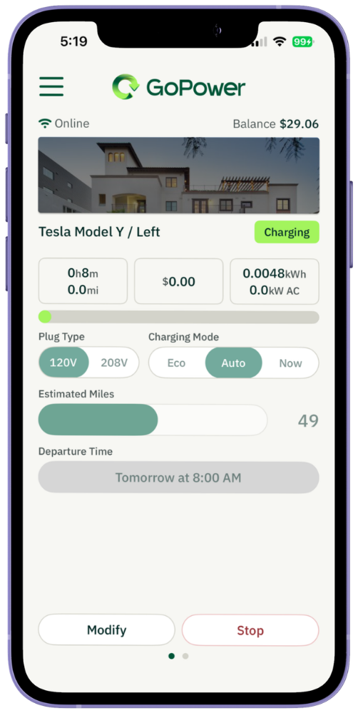 GoPower app, active charging: time, cost and power