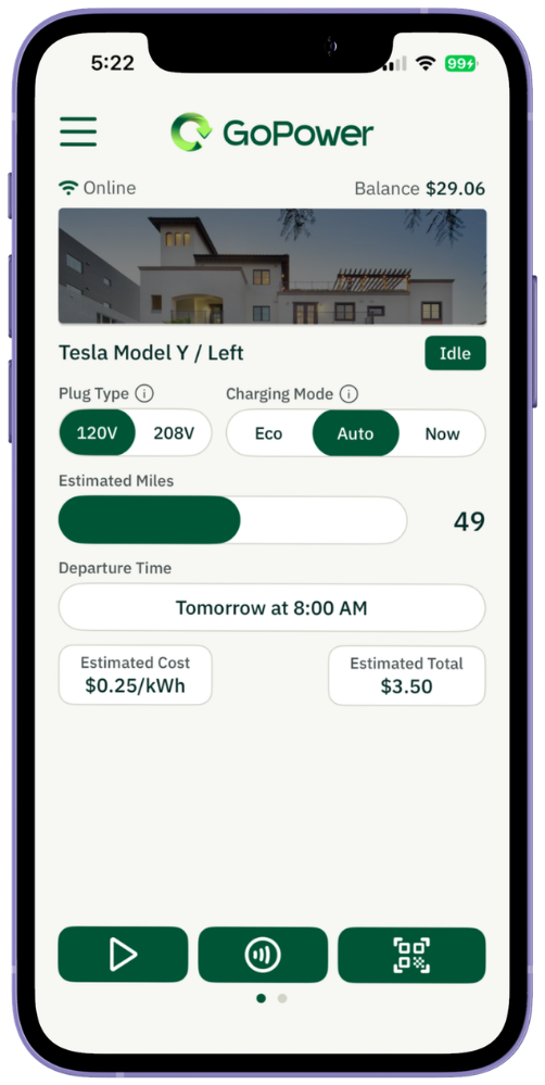 GoPower consumer app, ready to charge: plug type, mode and estimated cost