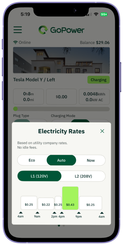 GoPower app, electricity rates by time of use shown before a session