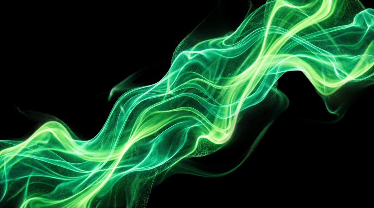 Green energy-flow ribbons representing a coordinated charging fleet