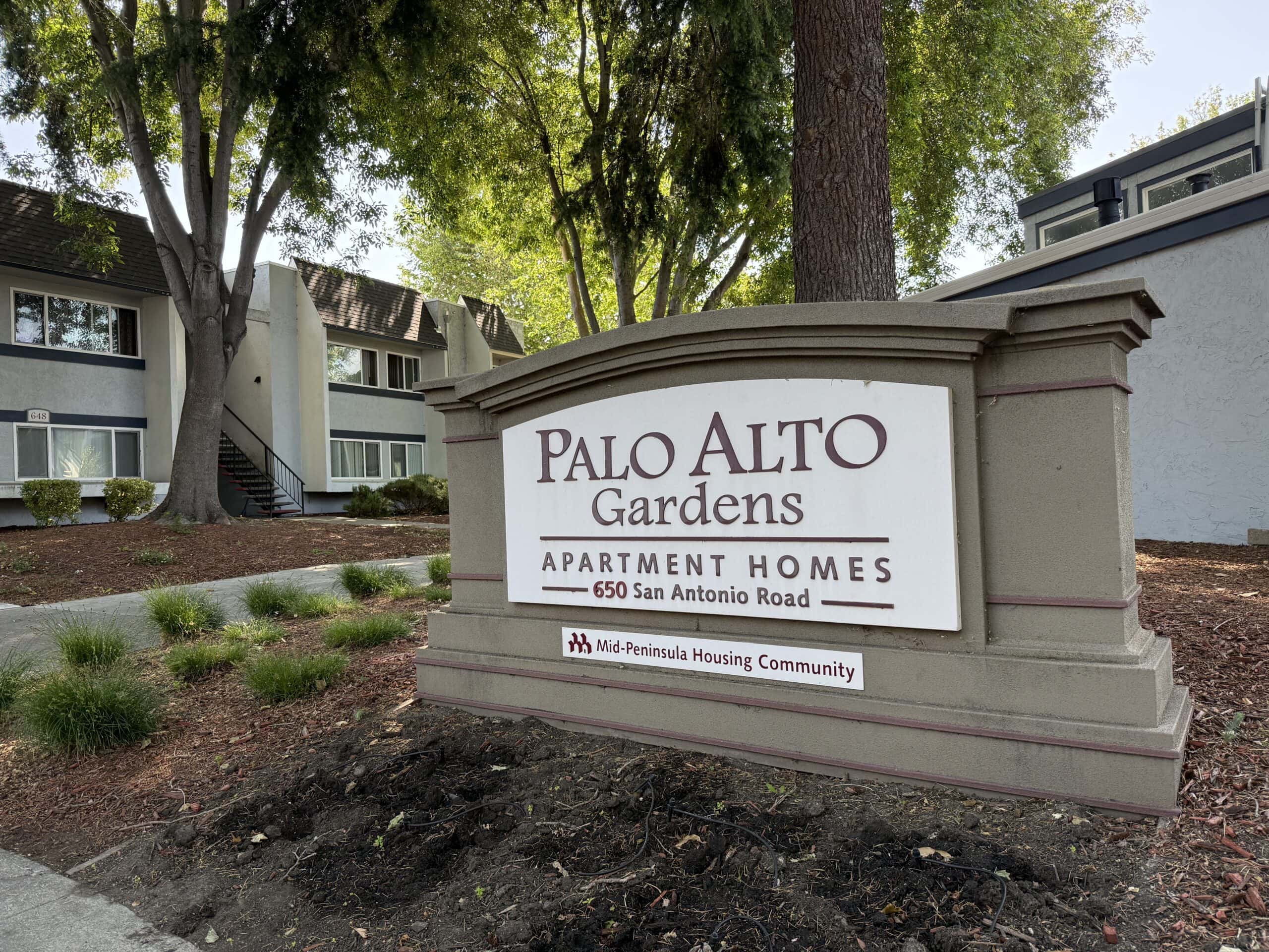 Entrance sign at Palo Alto Gardens apartment homes