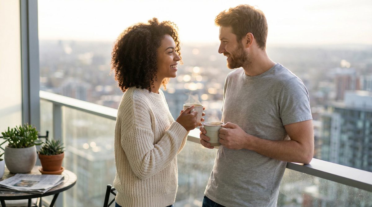 Residents on an apartment balcony at golden hour
